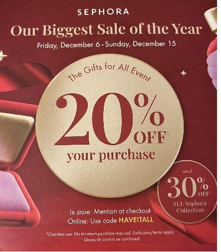 Sephora 20% off starts December 6 2024